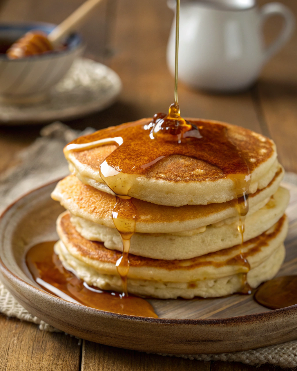 Deliciously served buttermilk pancakes stacked high with syrup.