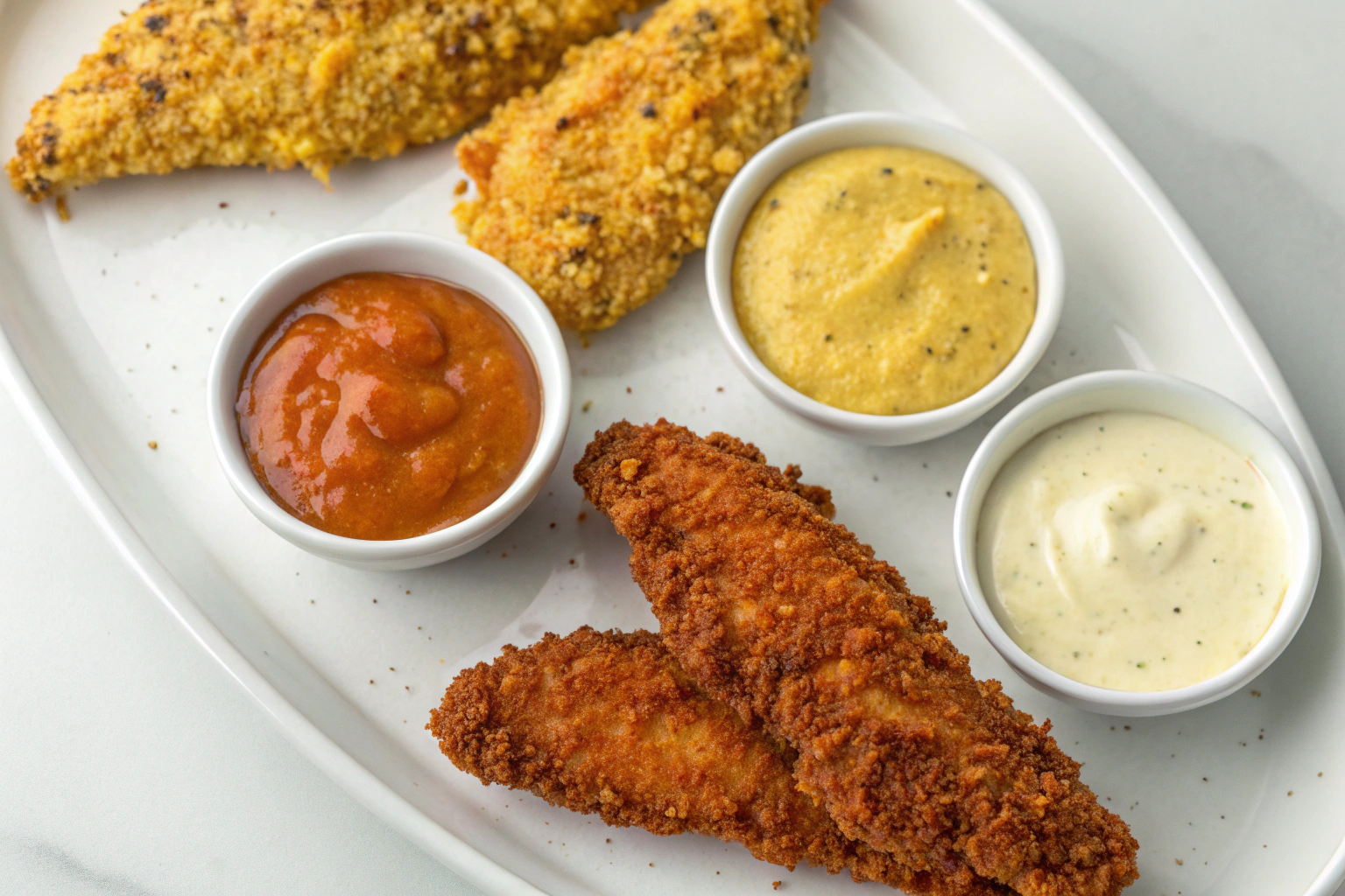Different variations of air fryer chicken tenders with unique coatings and dips.