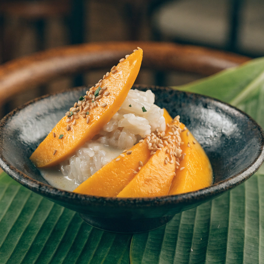 Thai Coconut Sticky Rice served with mango.Pudding desserts