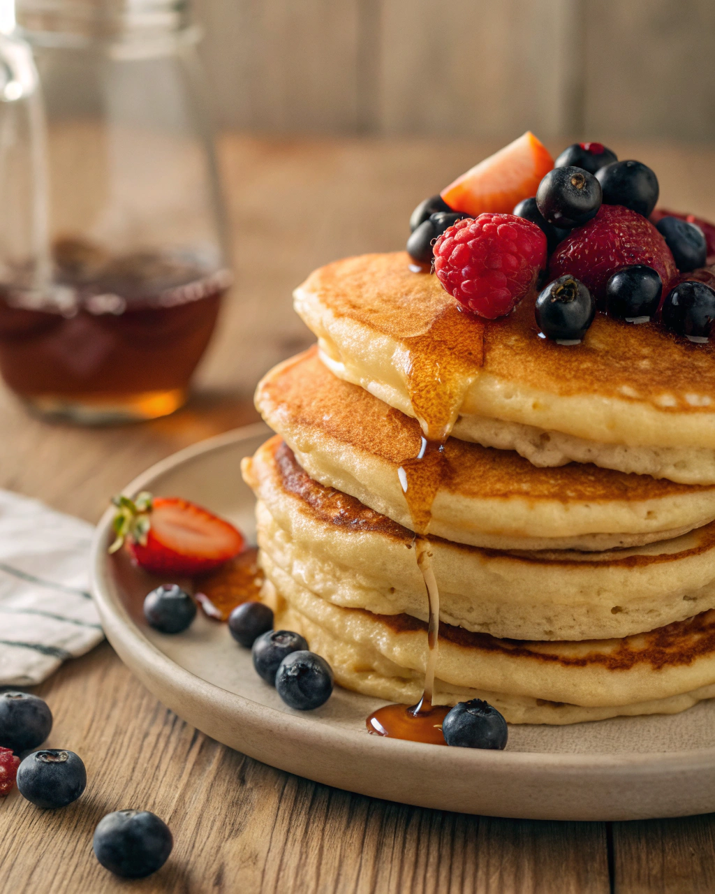 Close up view of fluffy buttermilk pancake drizzled with syrup.