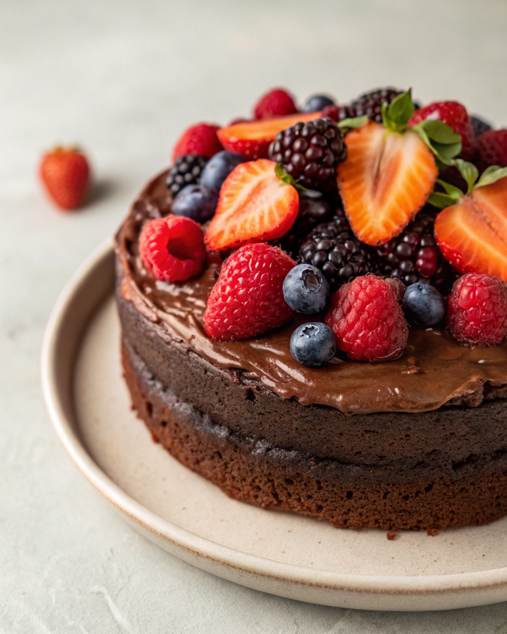 Gluten-free chocolate cake served with fresh berries.