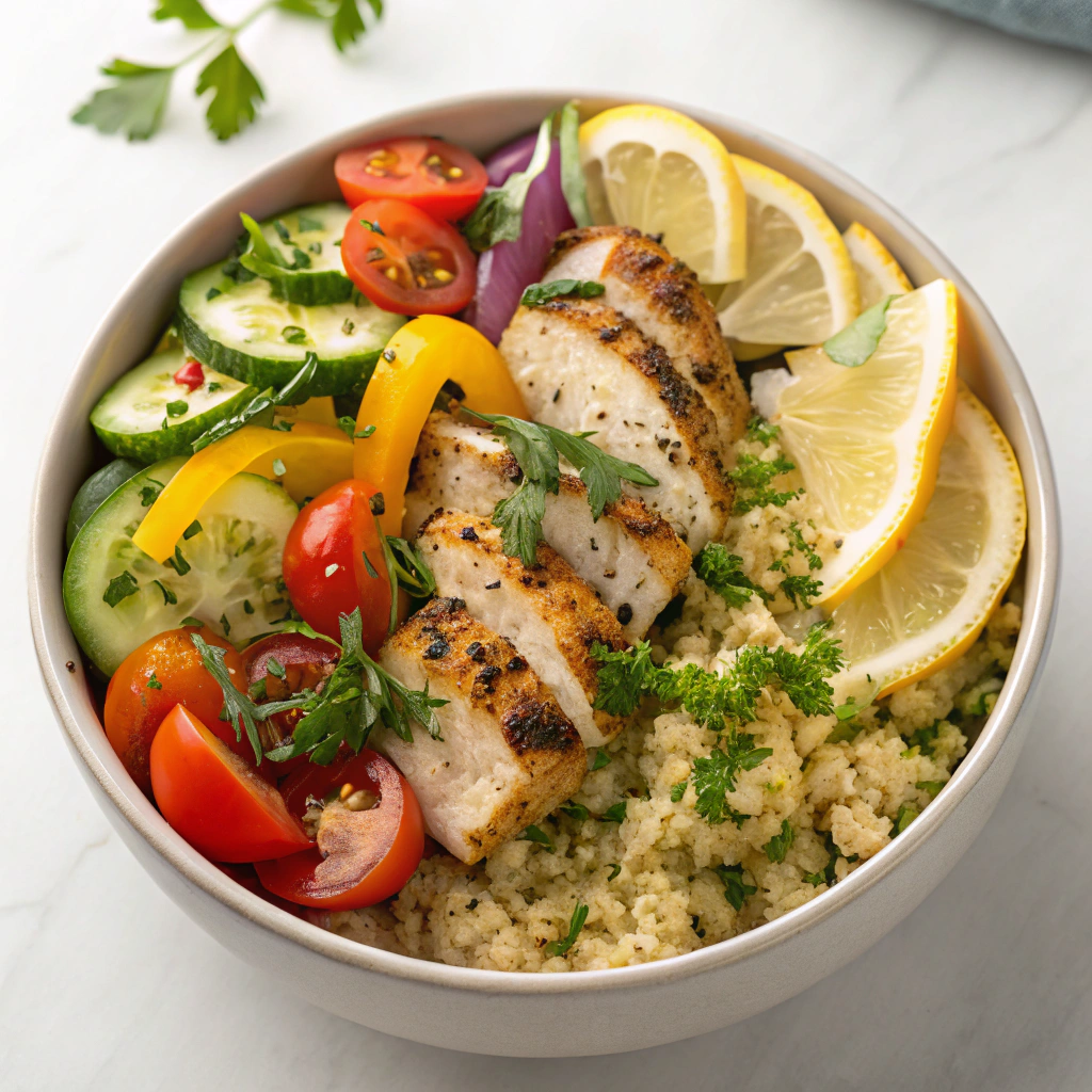 Grilled Lemon Herb Chicken Bowl with quinoa and fresh vegetables.