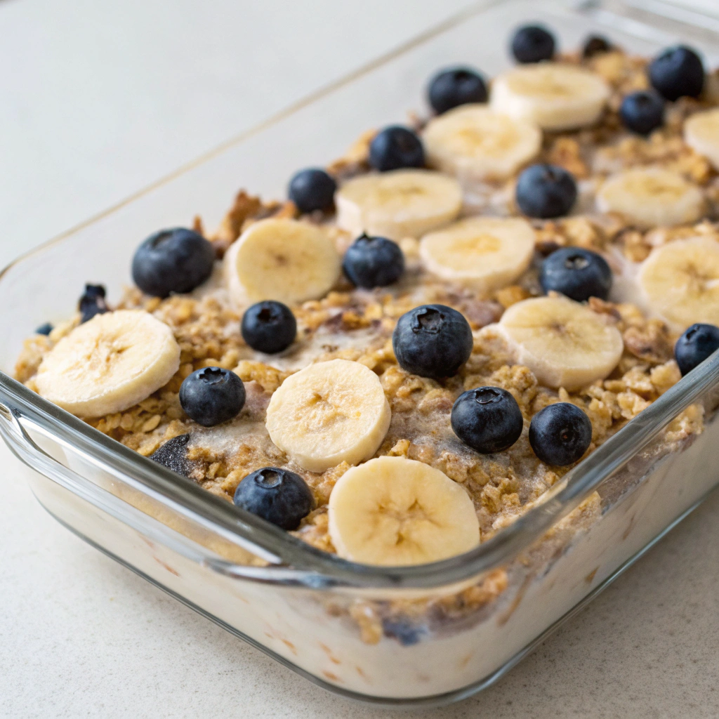 Healthy Overnight Oats Casserole with blueberries and bananas - Easy Breakfast Casserole Recipes