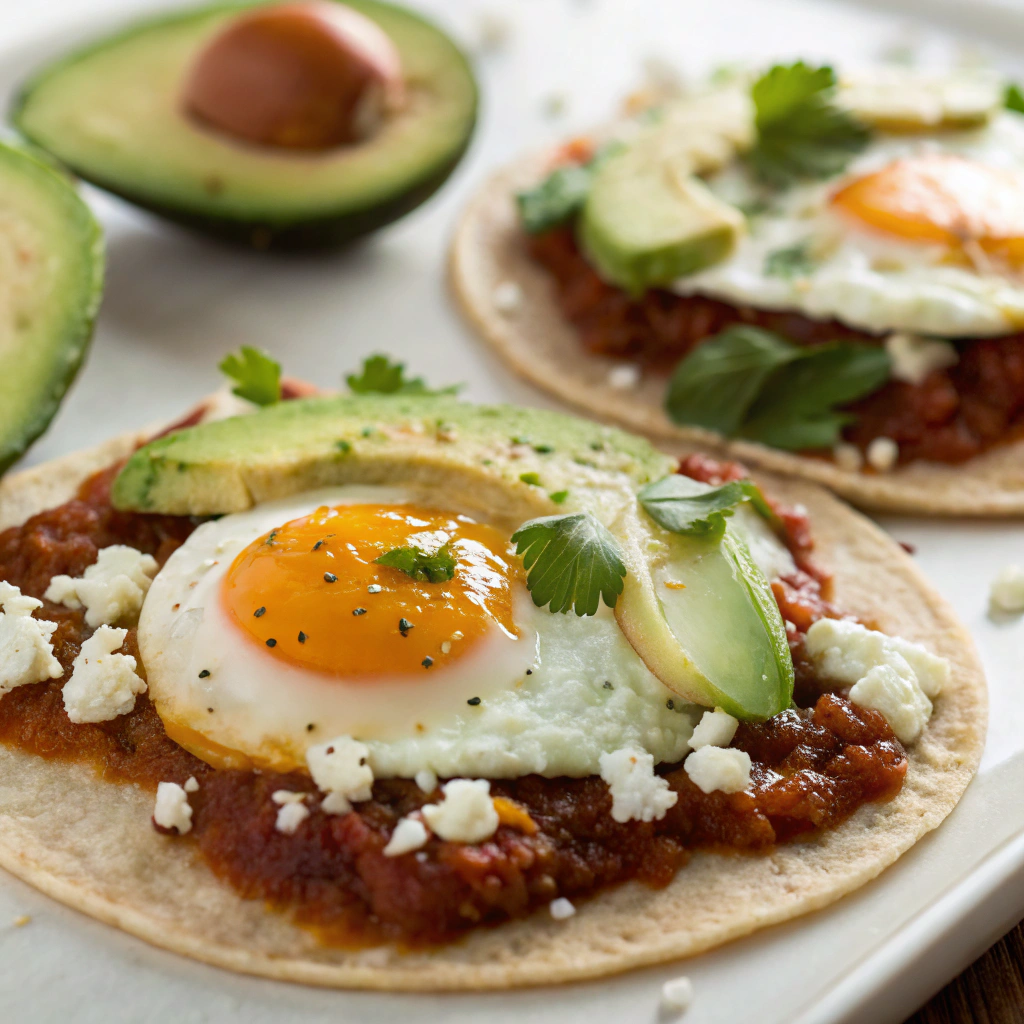 Huevos Rancheros served on corn tortillas topped with ranchero sauce and avocado, part of Mexican Breakfast Recipes