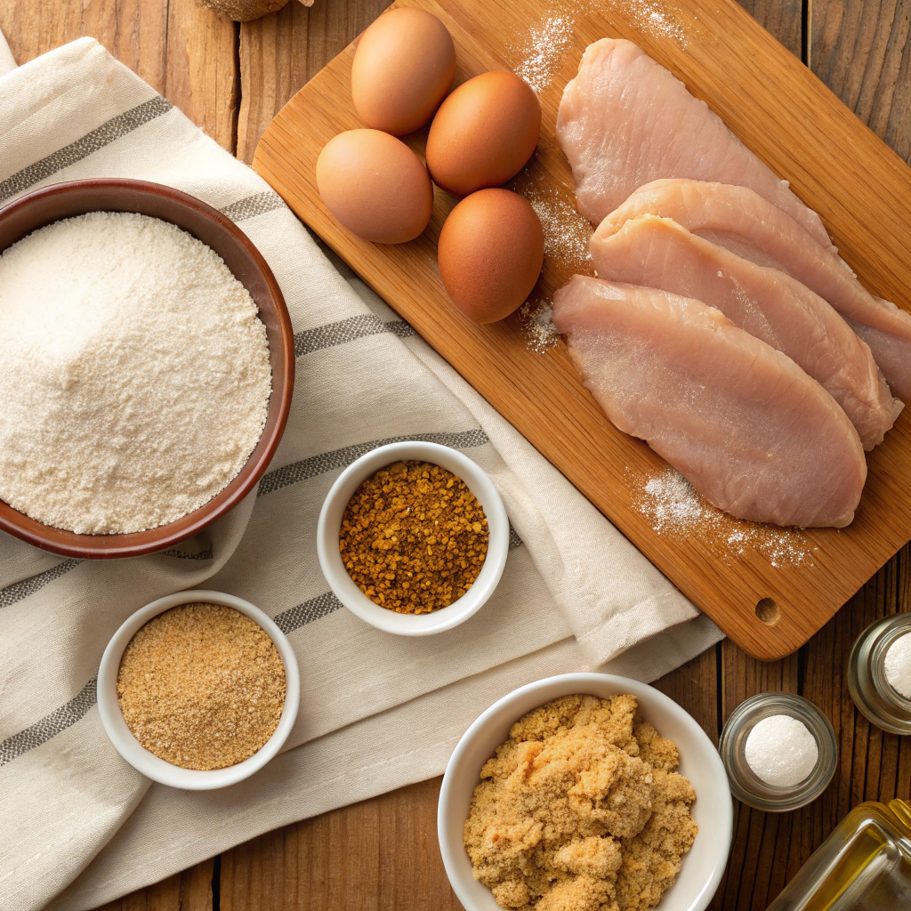Ingredients for Crispy Air Fryer Chicken Tenders laid out on a wooden table.