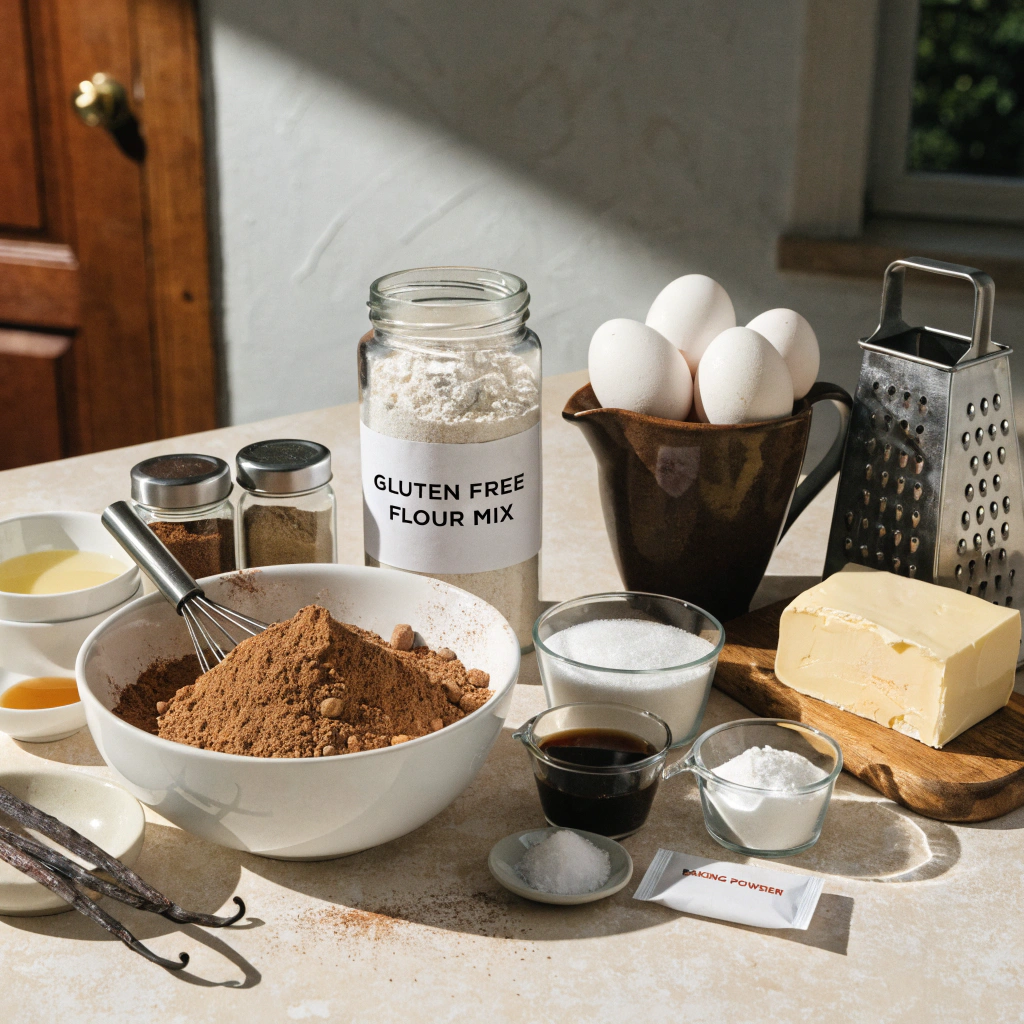 Ingredients for gluten-free chocolate cake recipe.
