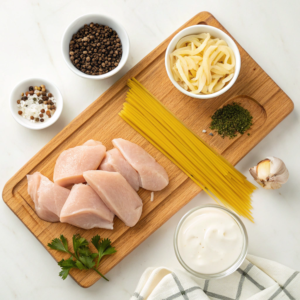 Ingredients for One Pot Creamy Chicken Pasta including chicken, pasta, cream, and spices
