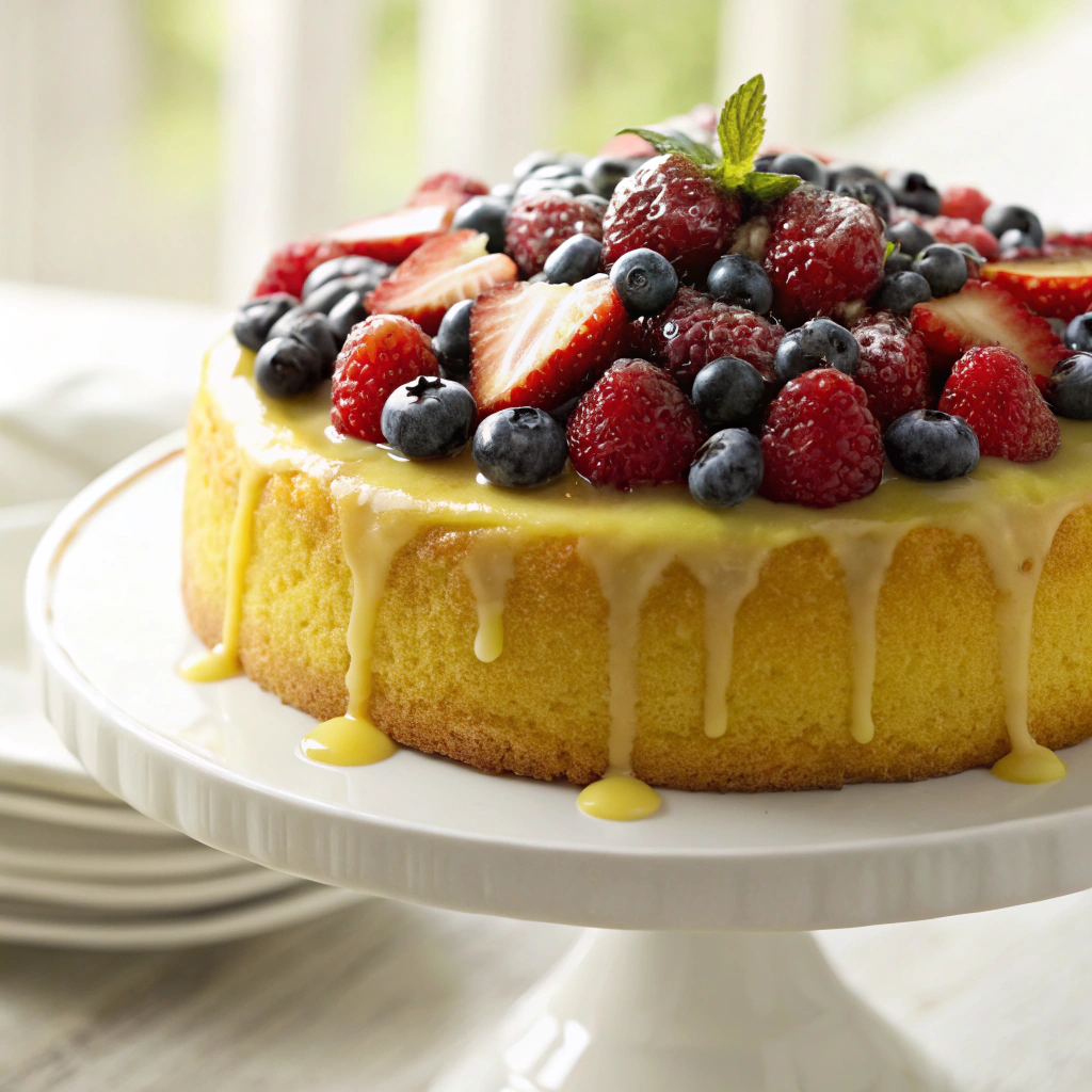 Lemon Southern Butter Cake topped with fresh berries and a lemon glaze.Southern Butter Cake Variations