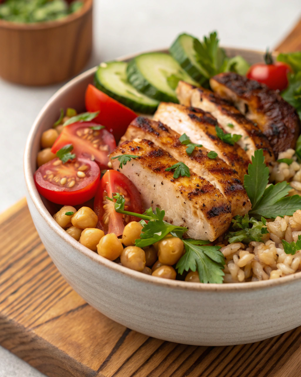 Mediterranean Chicken Bowl with farro and chickpeas.Healthy Chicken Meal Prep Bowls