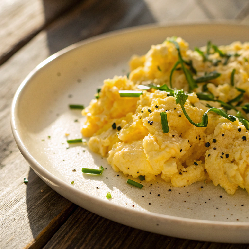 Perfect Fluffy Scrambled Eggs served on a plate