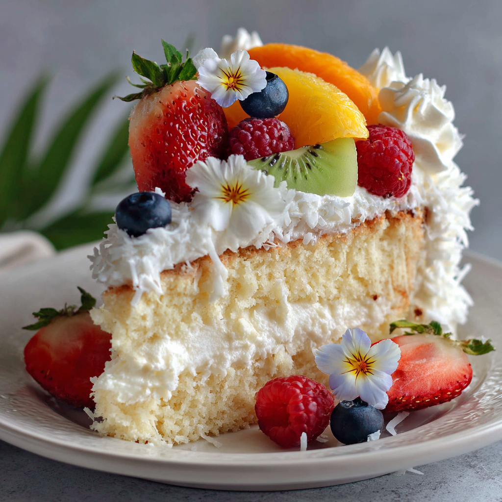 A close-up view of the fluffy and creamy layers of Easy Coconut Cream Cake with Cake Mix, highlighting the coconut texture.