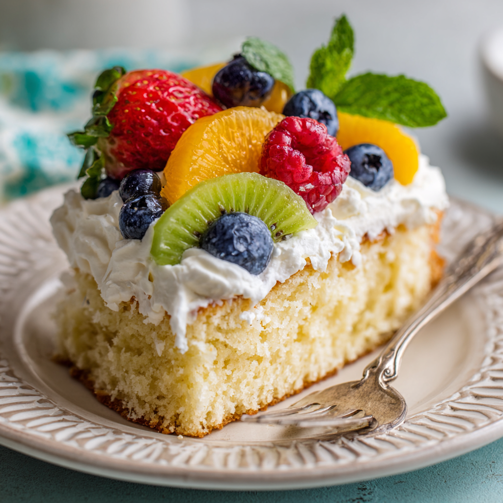 A beautifully plated slice of Easy Coconut Cream Cake with Cake Mix topped with fresh fruit and whipped cream.