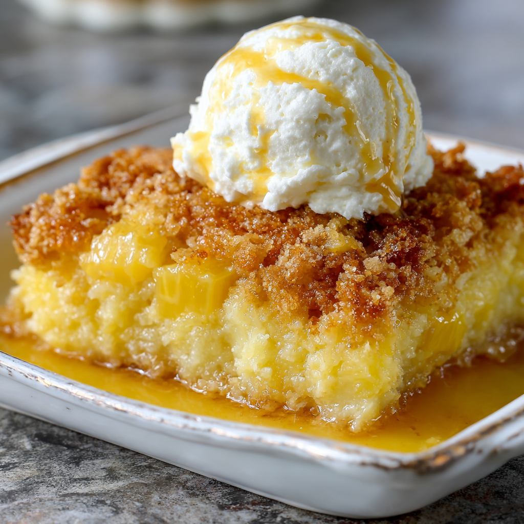Close-up of Pineapple Cream Cheese Dump Cake
