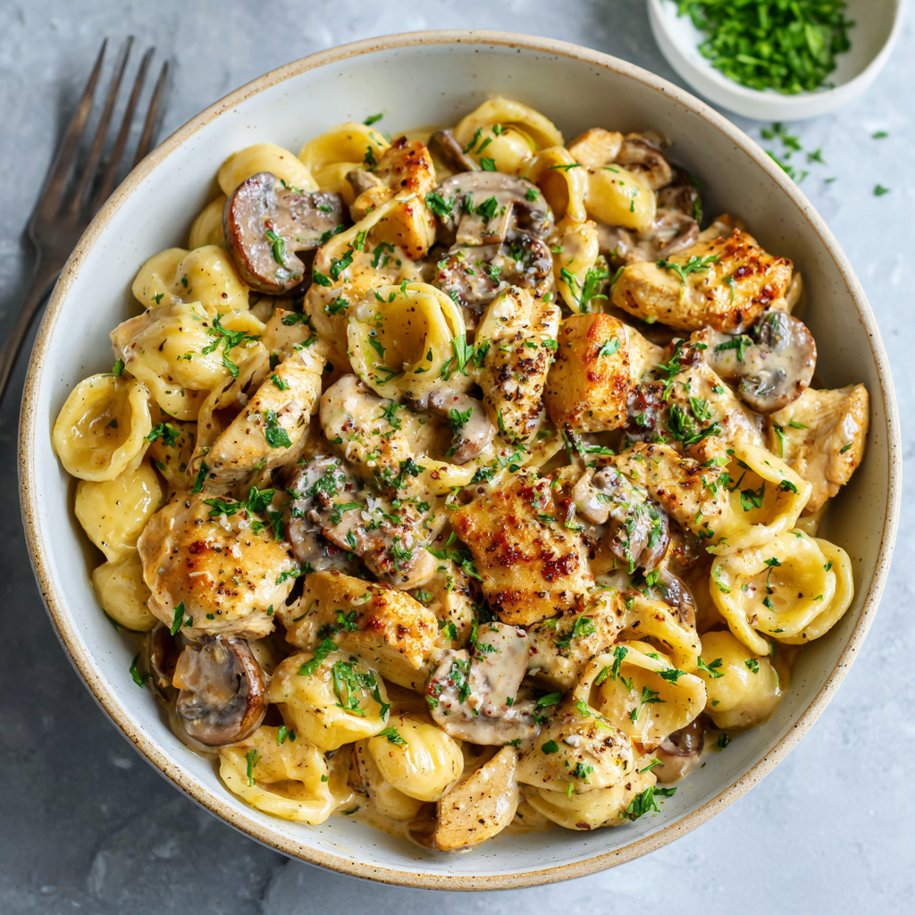 Served One Pot Creamy Chicken Pasta in a bowl with fresh herbs