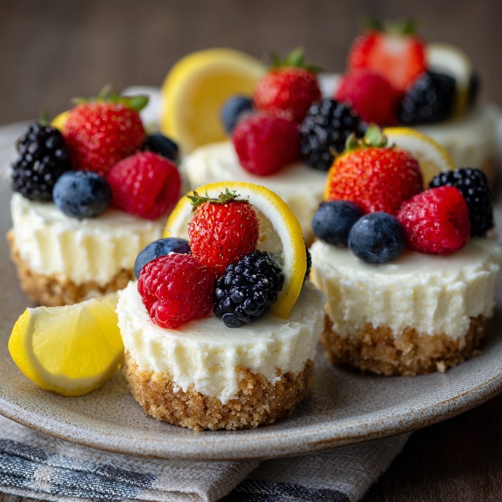 Sugar-free lemon cheesecake cups served with fresh berries on a plate.