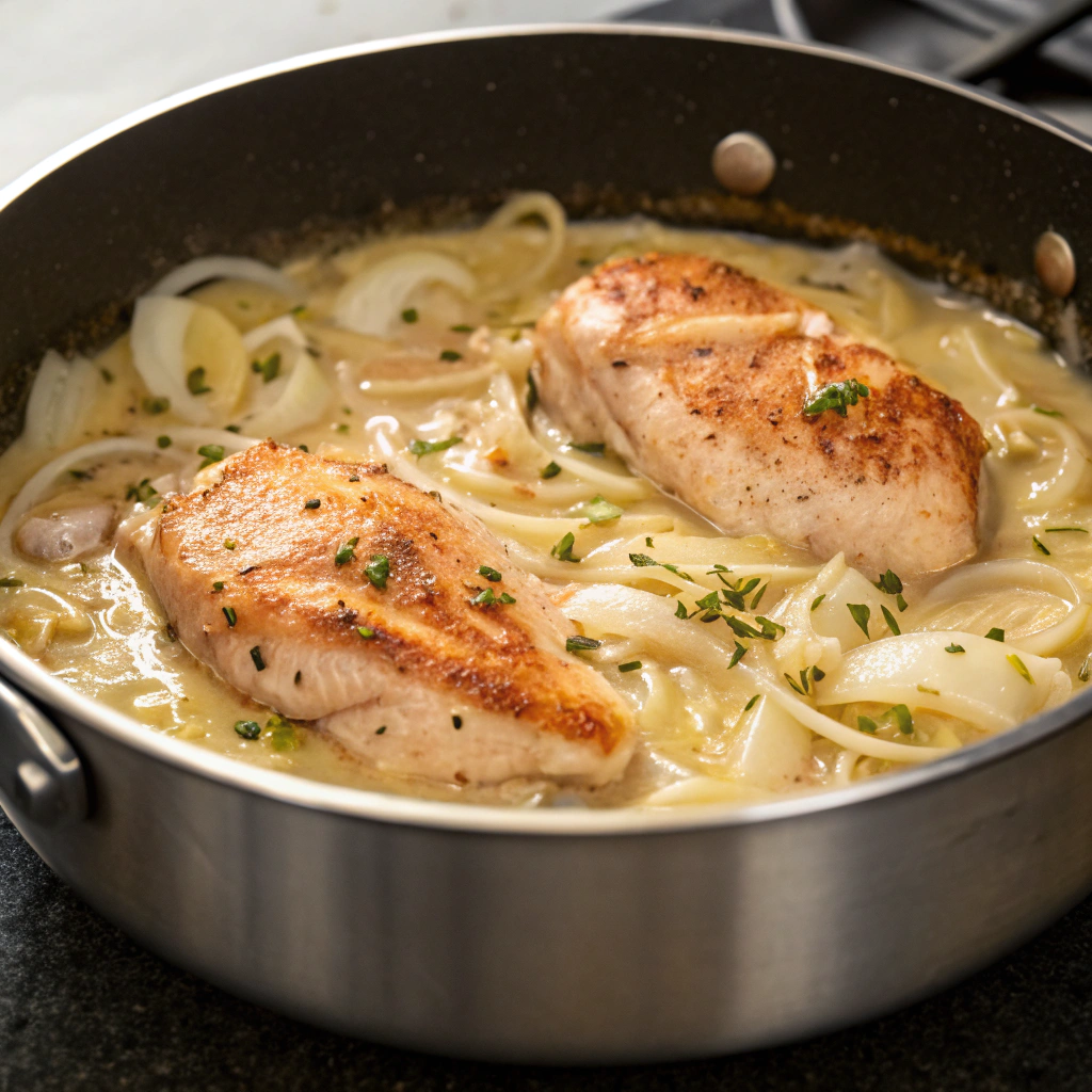 Sautéing chicken in a pot for One Pot Creamy Chicken Pasta.