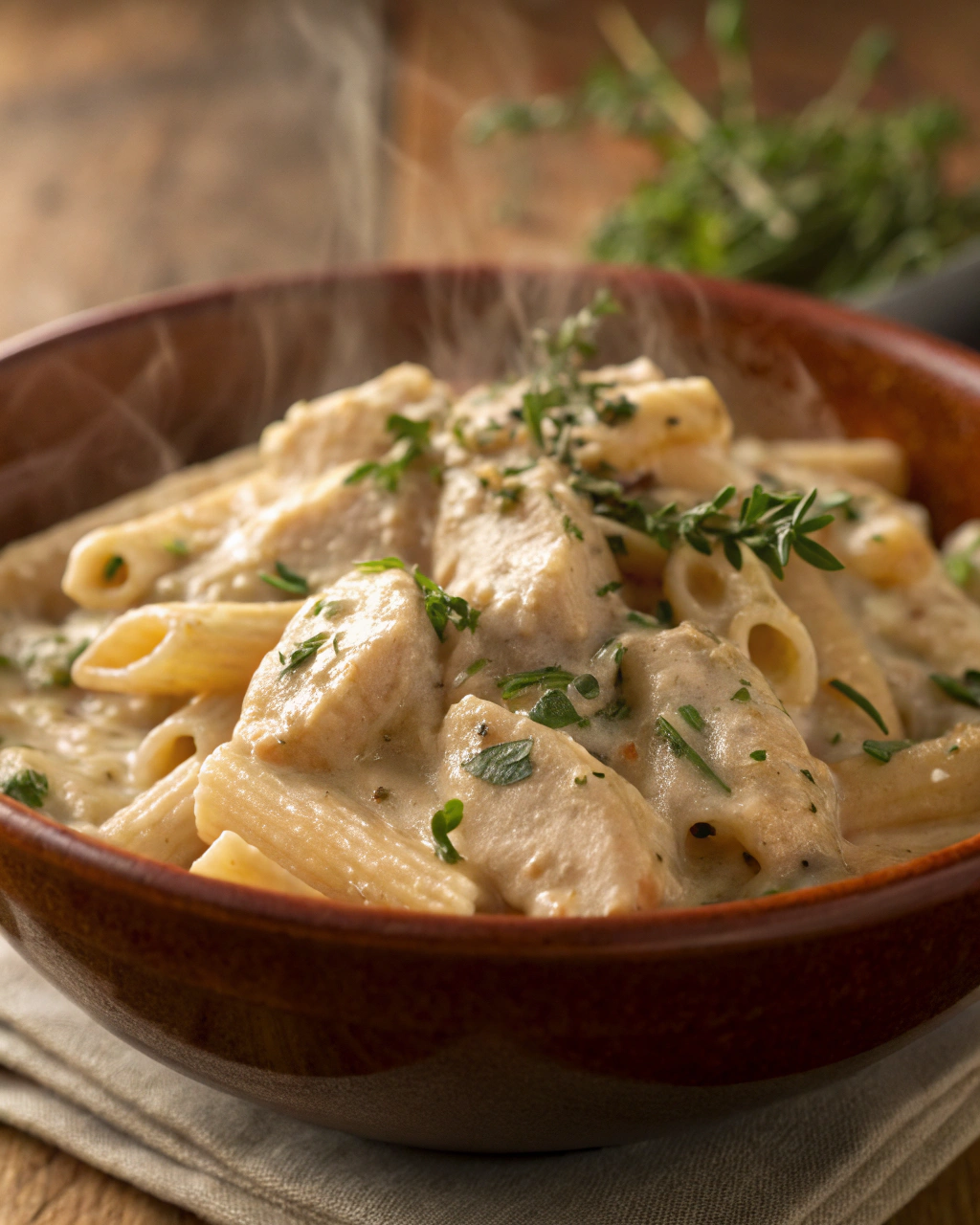 Close-up of One Pot Creamy Chicken Pasta showing creamy texture.