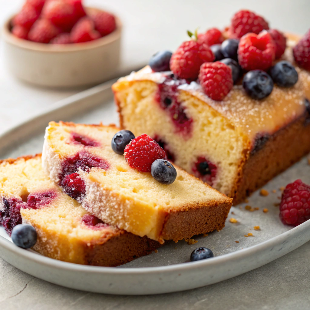 Slices of the Best Lemon Raspberry Loaf Cake served on a plate with fresh berries.