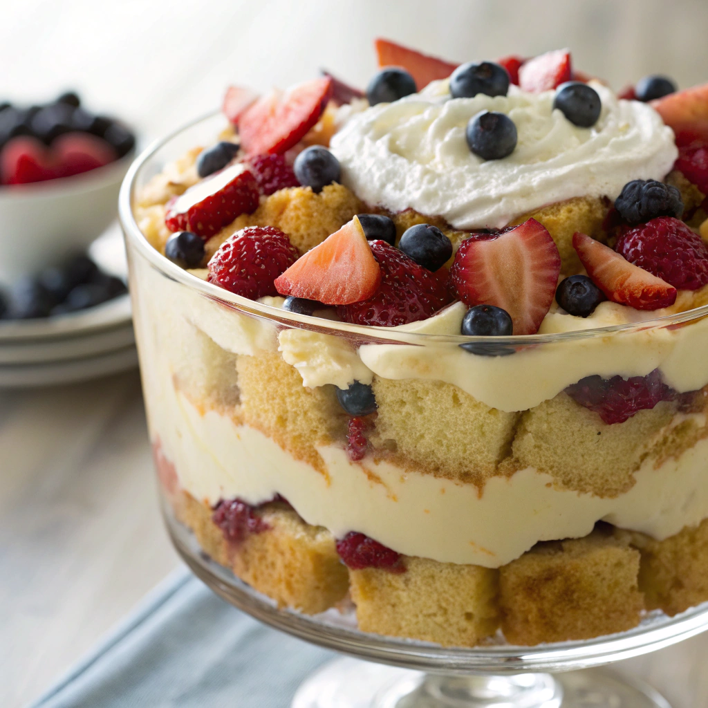 Southern Butter Cake Trifle layered with whipped cream and mixed berries.Southern Butter Cake Variations