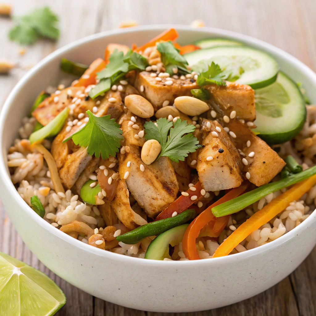 Spicy Thai Peanut Chicken Bowl with brown rice and veggies.