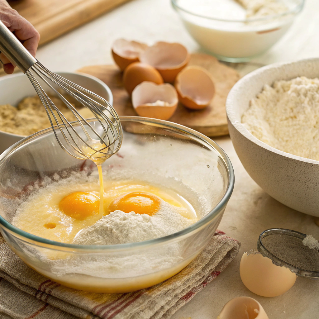 Step-by-step preparation of buttermilk pancakes highlighting mixing ingredients.