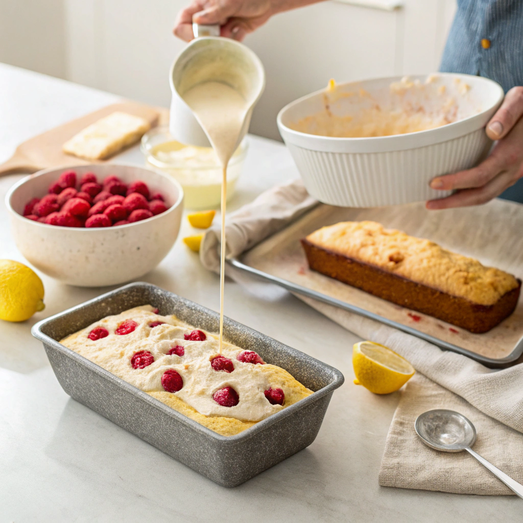 Step-by-step preparation of the Best Lemon Raspberry Loaf Cake in progress.