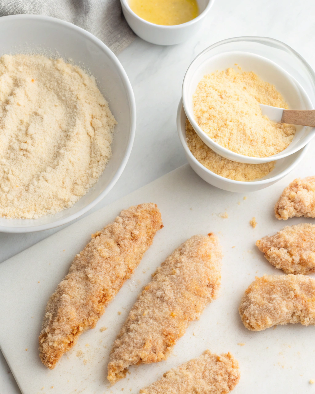 Step-by-step process of breading chicken strips for air frying.Crispy air fryer chicken tenders