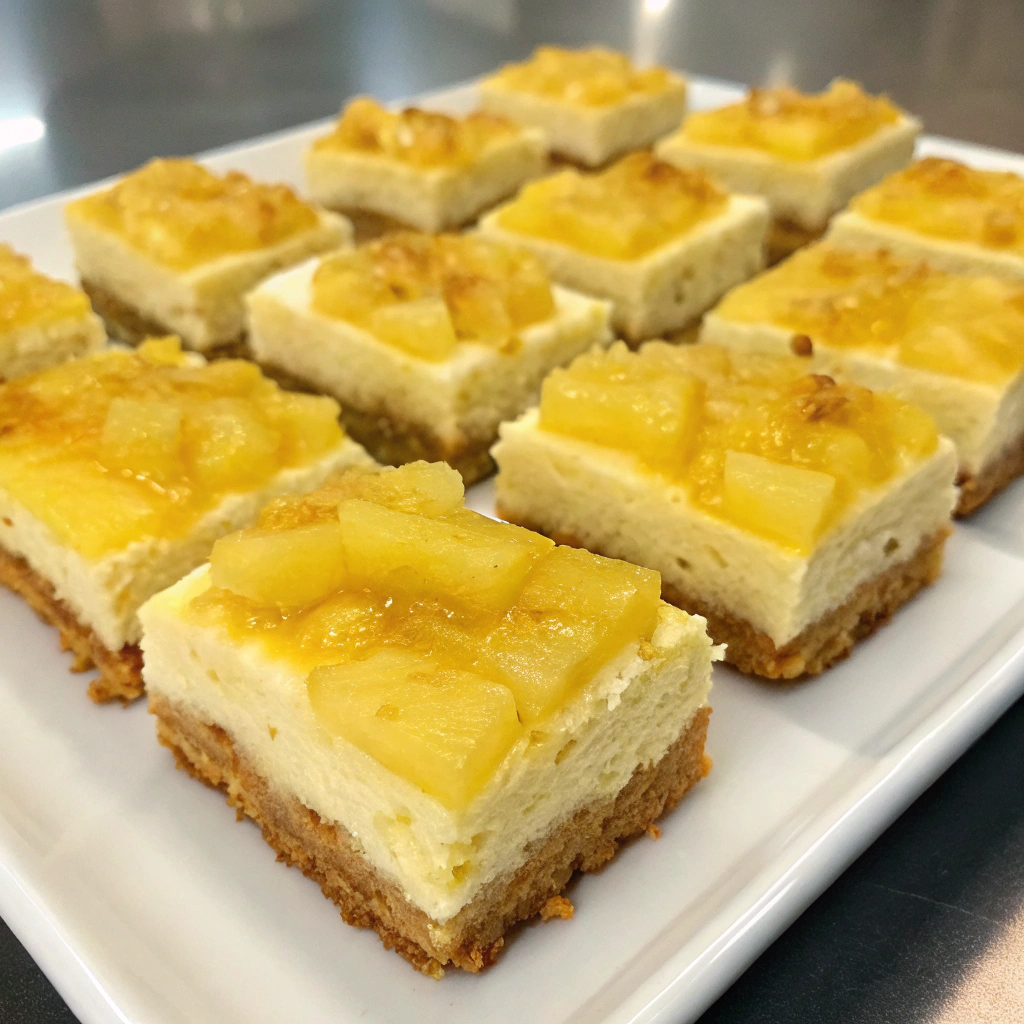 Sugar free pineapple cheesecake bars served on a plate