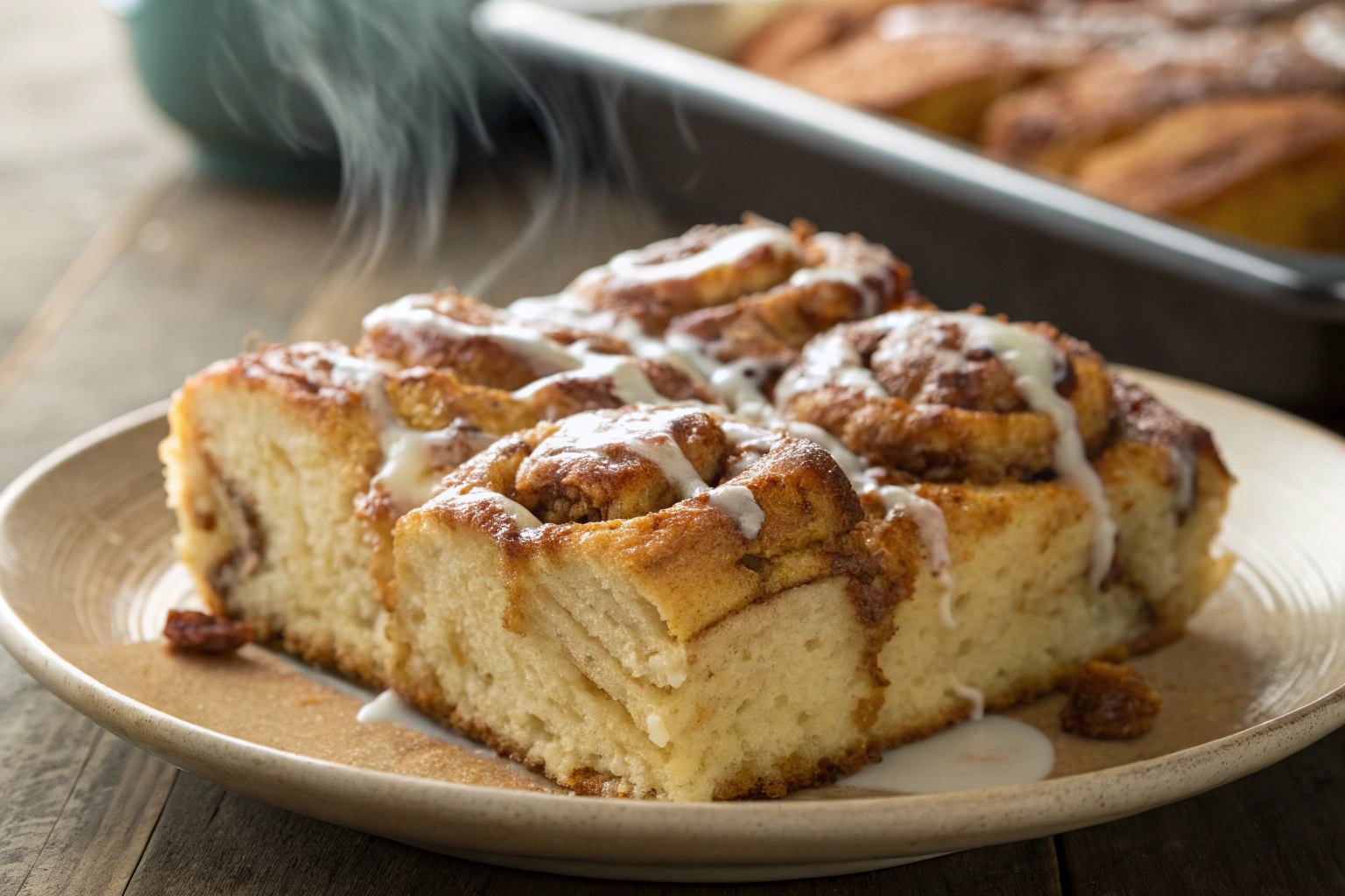 Sweet Cinnamon Roll Casserole drizzled with icing - Easy Breakfast Casserole Recipes