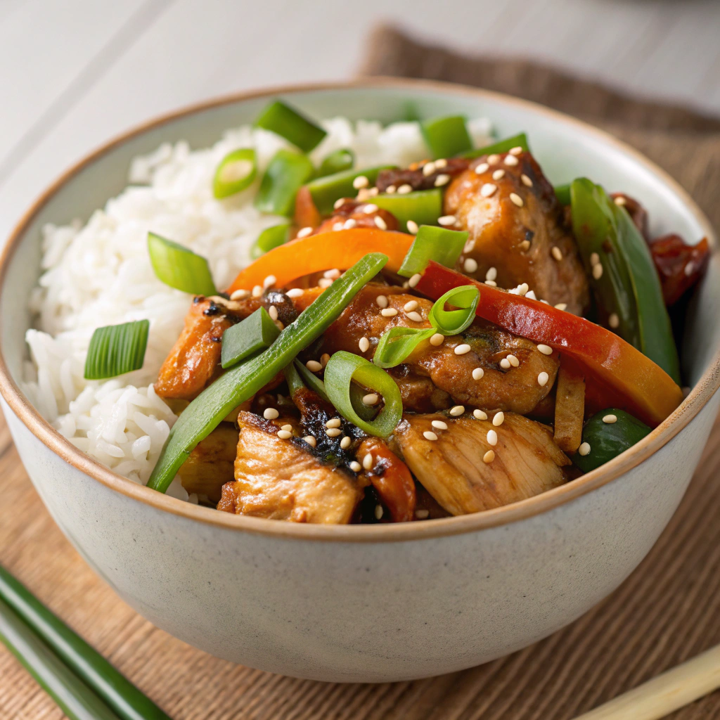 Teriyaki Chicken Bowl with jasmine rice and stir-fried vegetables.