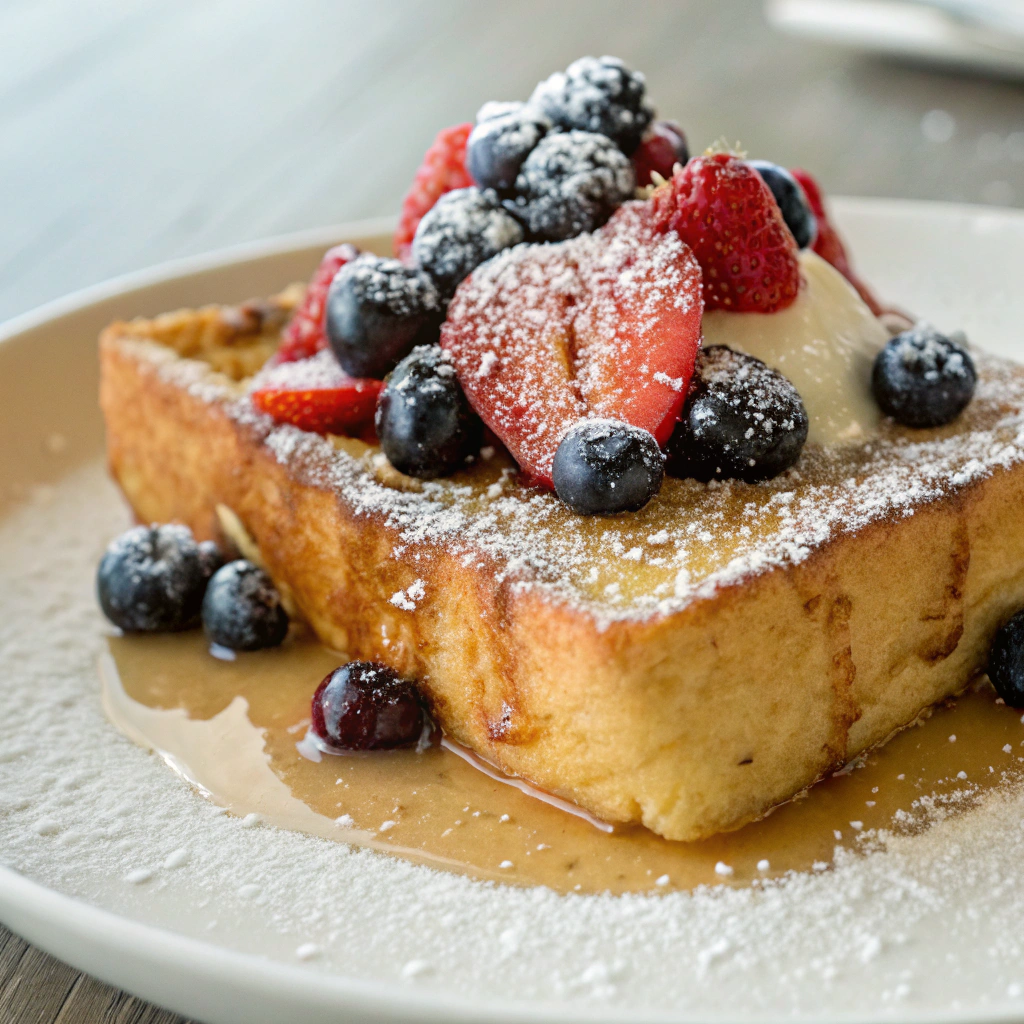 Tres Leches French Toast topped with fresh berries and powdered sugar, part of Mexican Breakfast Recipes