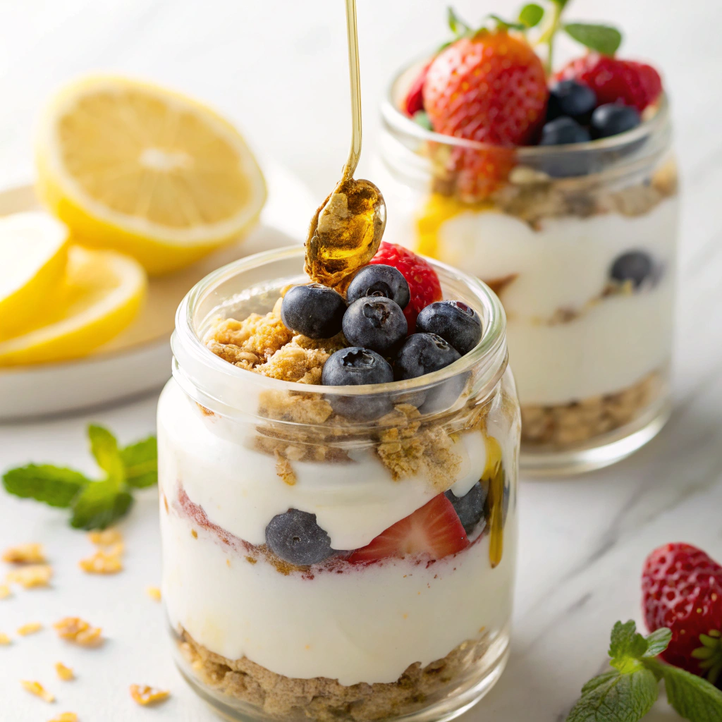 Quick Homemade Dessert Ideas — Greek yogurt lemon parfait layered with granola and berries