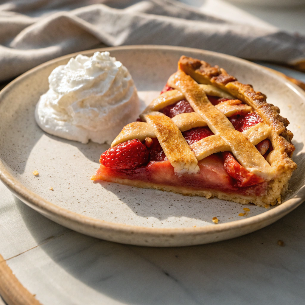 Slice of easy strawberry rhubarb pie served with whipped cream