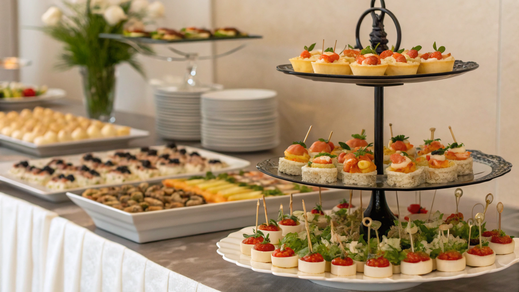 A beautifully arranged buffet table showcasing various finger foods with decorative garnishes, tiered serving dishes, and organized labels.