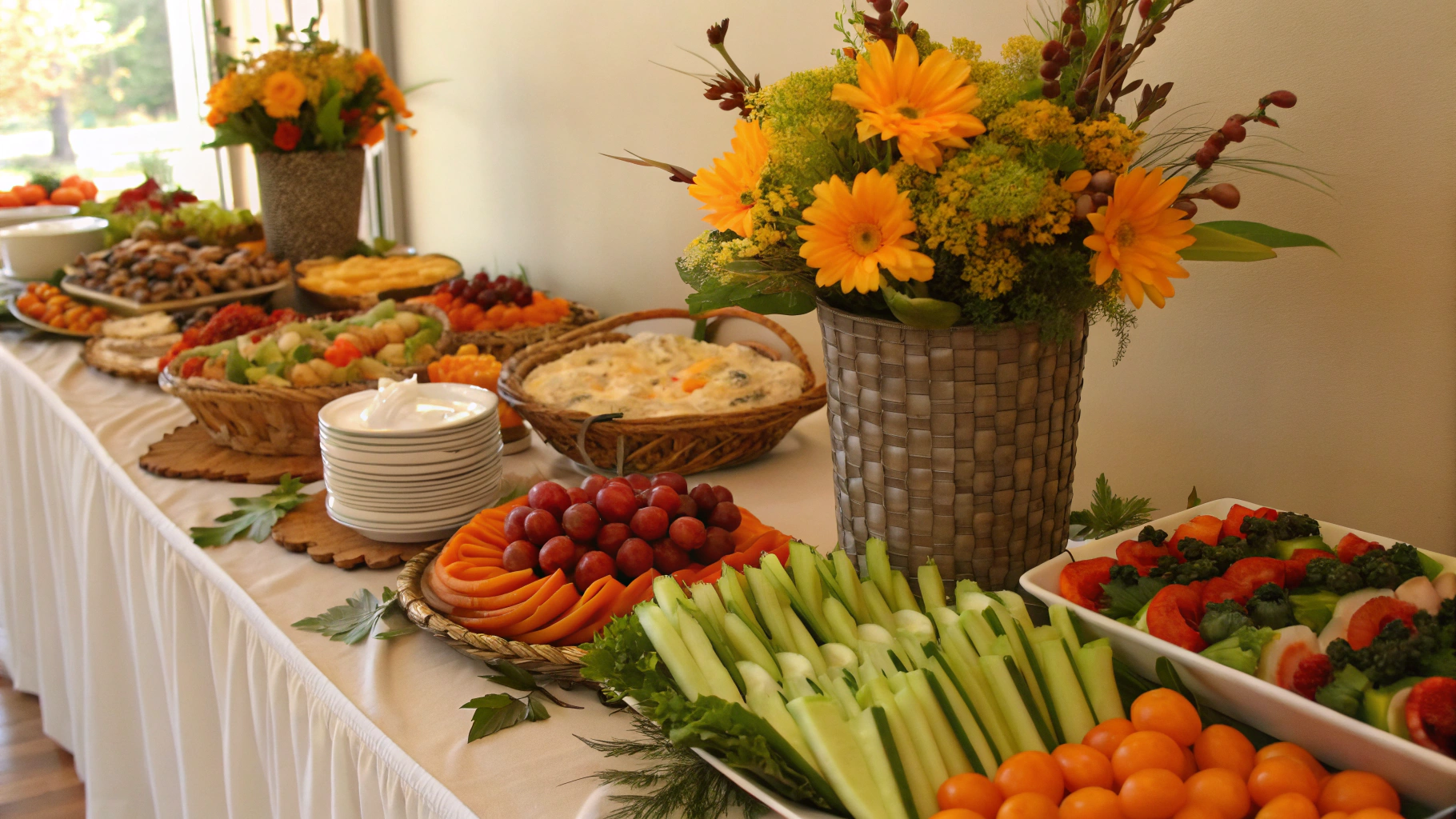A beautifully decorated buffet table featuring seasonal finger foods, including fresh spring ingredients, autumn themes, and vibrant summer colors.