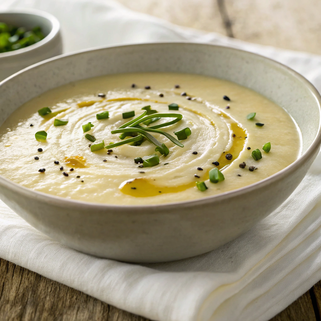 Creamy Potato and Leek Soup in a bowl, garnished with chives