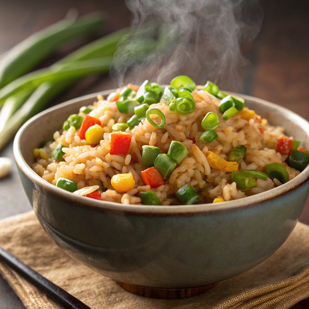 "A delicious serving of vegetable fried rice in a bowl, topped with green onions."Wednesday night suppers