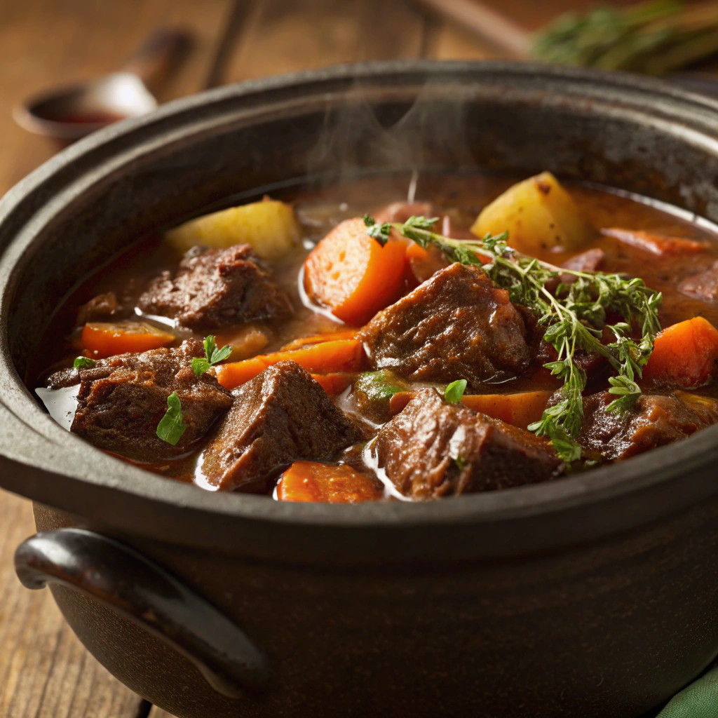 Hearty Beef Stew cooked in a crockpot, featuring tender beef and vegetables.All Day Crockpot Recipes