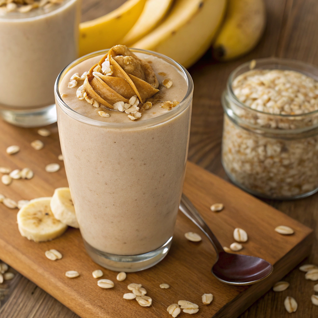 A hearty Peanut Butter Oatmeal Smoothie with oats, banana, and peanut butter.Healthy Breakfast Smoothies