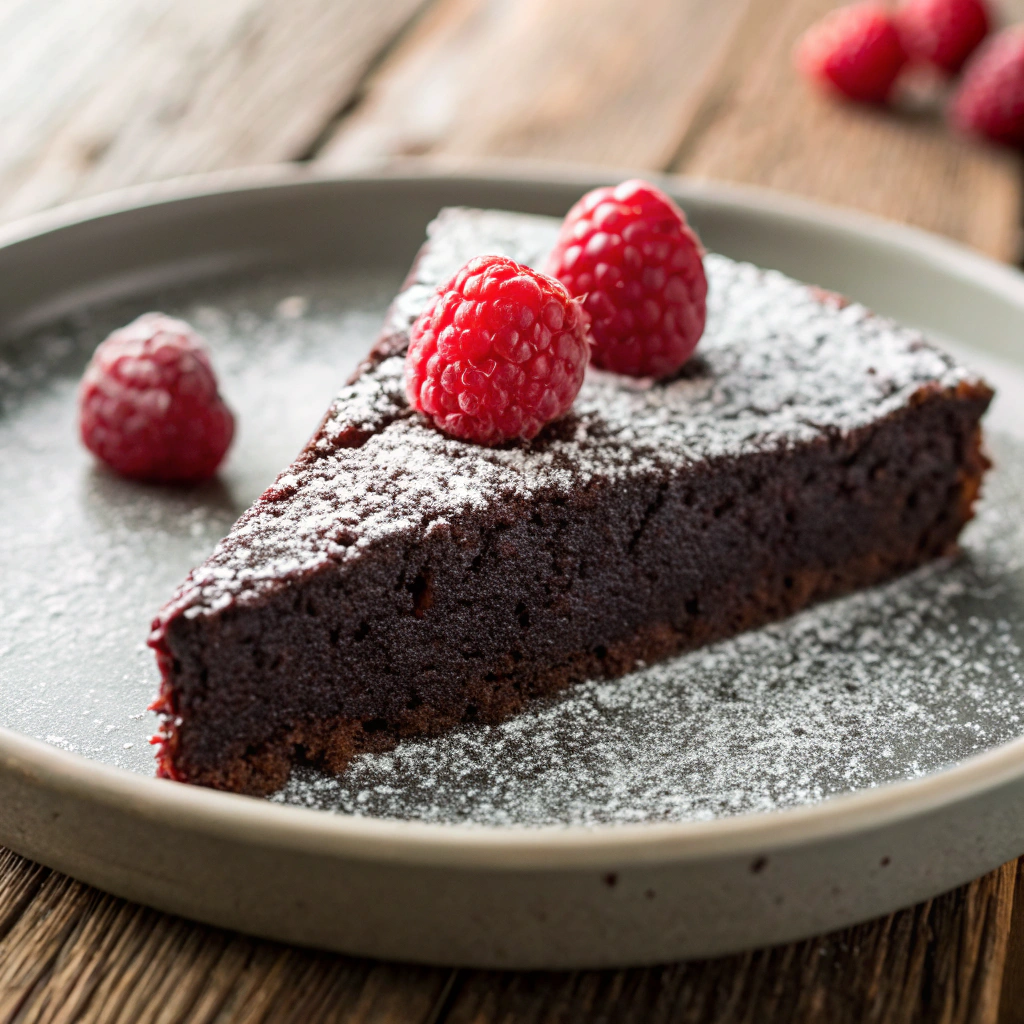 Quick Homemade Dessert Ideas — flourless chocolate almond cake slice with powdered sugar and raspberries