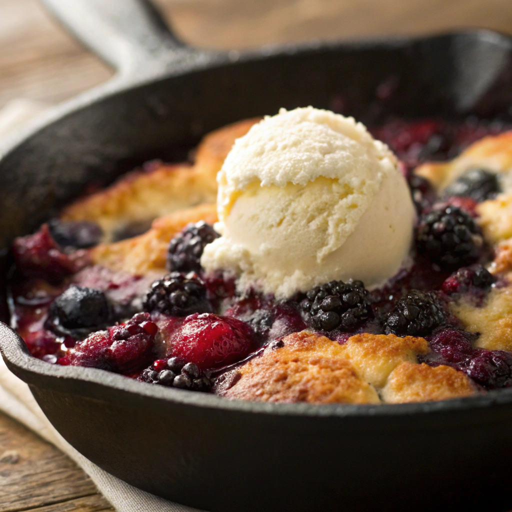 Quick Homemade Dessert Ideas — skillet berry cobbler with golden biscuit topping and vanilla ice cream