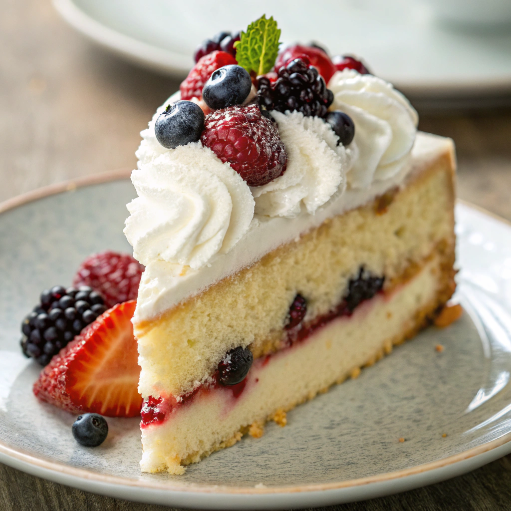 Easy Father’s Day cake served with fresh whipped cream and berries
