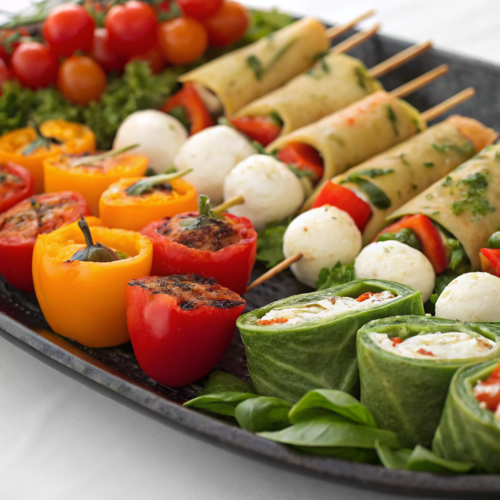A vibrant array of vegetarian options including caprese skewers, stuffed bell peppers, and vegetable spring rolls arranged on a stylish platter.Delicious Finger Food Ideas
