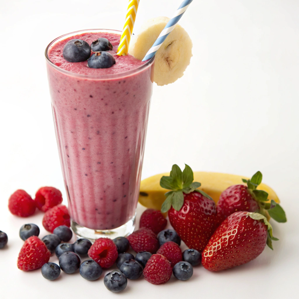 A vibrant Berry Blast Smoothie made with mixed berries, banana, and almond milk.Healthy Breakfast Smoothies