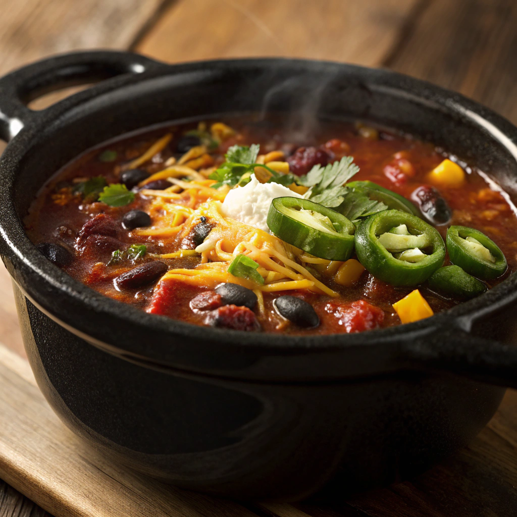 Vegetarian Chili simmering in a crockpot, loaded with beans and vegetables