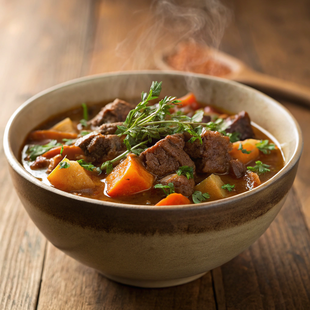 A warm bowl of hearty beef and vegetable stew garnished with herbs.Wednesday night supper