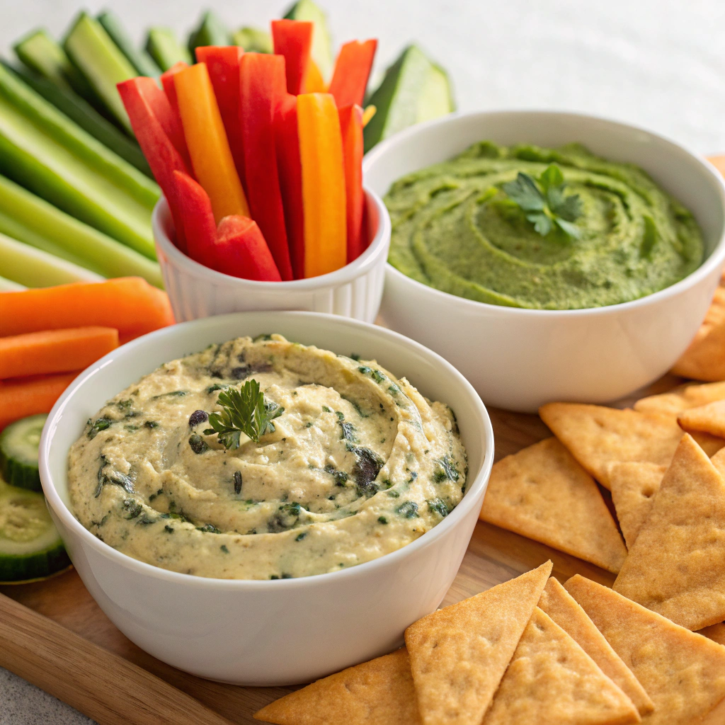 An inviting display of various dips and spreads including hummus, guacamole, and spinach artichoke dip served with colorful veggie sticks and crispy pita chips.Delicious Finger Food Ideas