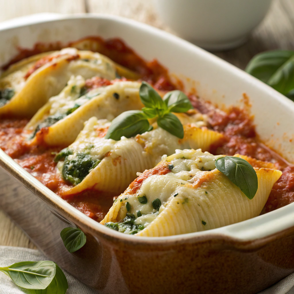 Ricotta Cheese Recipes — baked ricotta and spinach stuffed pasta shells with melted cheese