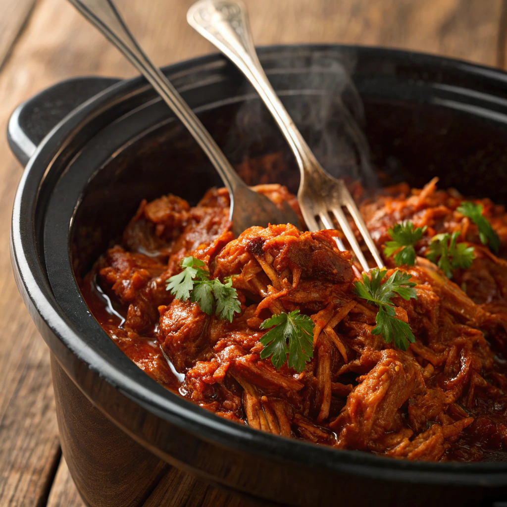 BBQ Pulled Chicken shredded and ready to serve from the crockpot.All Day Crockpot Recipes
