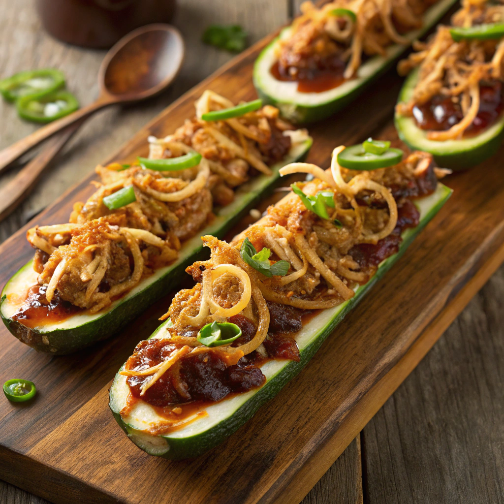 Easy Stuffed Zucchini Boats BBQ pulled chicken with coleslaw